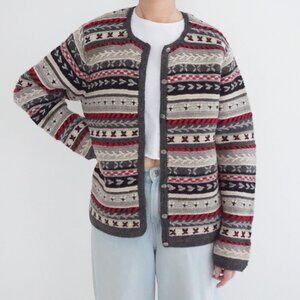 Vintage Talbots Gray Red Fair Isle Nordic Button Front Cardigan Wool Sweater L